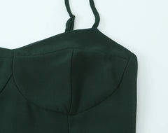 LIZAKOSHT - French Style Retro Dark Green V neck Corset Style Sling Dress Women Elastic Back Ruffles Hem Short Dresses Summer Robe Vestidos