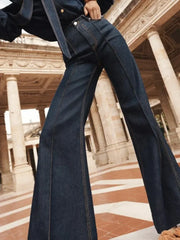 LIZAKOSHT - Women's Flared Pants New Autumn Fashion Imitation Denim Jeans High Waisted Loose Fit Split-Joint Casual Trousers