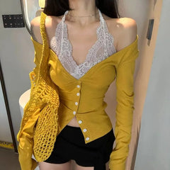 LIZAKOSHT - Summer New Lace Neck Hanging V-neck Base Shirt Sexy Long Sleeved T-shirt for Spicy Women Neck Hanging Slim Fit Top