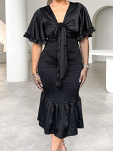 LIZAKOSHT - Women Short Sleeve Ruffles Hem Dress Casual Summer Solid Color Tie up V-Neck Party Dress for Cocktail Streetwear