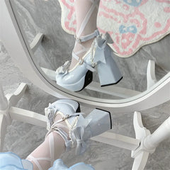 LIZAKOSHT - Lolita Lace Heart Knot Round Toe Shallow Mouth High Heels Cos Loli Elegant Student Shoes Japanese Girl Sweet Single Shoes