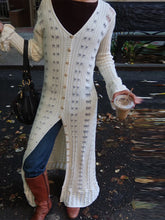 LIZAKOSHT - Fashion Hollow Out Long Knitted Cardigans Chic Single Breasted Flared Sleeve Design Outwear Lady Loose Fit Commute Office Coat