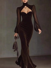 LIZAKOSHT - Spring Autumn Velvet Dress Women Long Sleeve Turtleneck Solid Sexy Elegant Evening Party Skinny Stretch Bodycon Dresses
