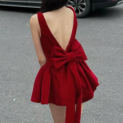 LIZAKOSHT - A-line Pleated Dress Party Holiday Red Backless Removable Bow Princess Dresses Coquette Aesthetic Mini Sundress Y2K