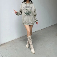 LIZAKOSHT - Hooded Printed Strappy Sweatshirt American Campus Style Women'S Pullover Outer Wear Loose Slimming Hot Girl Top