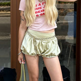 LIZAKOSHT - Lady Chic Satin Bubble Shorts Women Light Green Chain Trim High-waist Casual Street Vacation Bottoms Summer Outing Pants