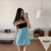 LIZAKOSHT - Fashion Sexy Women's Mini Sling Dress Color Blocking Sleeveless Ruched Fit Slim Bud Skirt NEW Summer Lady Party Dresses