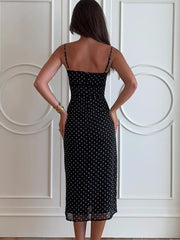 LIZAKOSHT - Elegant Lace Patchwork Chiffon Polka Dot Dress White Black Summer Women Spaghetti Strap Zipper Evening Party Dresses