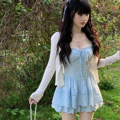 LIZAKOSHT  -  Sweet Mini Dress Women Vacation Beach Fashion Ruffles Lace Up Dresses Summer Y2K Korean Spaghetti Straps Bodycon Vestidos