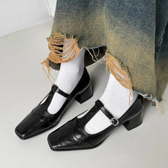 LIZAKOSHT - Fashion Pumps New High Quality True Leather Square Head T-shaped High Heels Mary Jane Shoes Commuter Women's Shoes