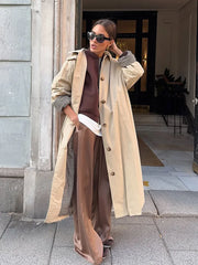 LIZAKOSHT  -  Women Solid Lapel Trench Coat Plaid Lining Single Breasted Full Sleeve Loose Coats Lady 2025 Autum Commute High Street Outwear