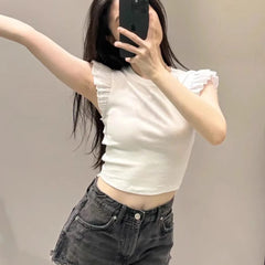 LIZAKOSHT - Y2K Woman 2025 Shirts Tops Ruffles Sleeve Cropped T-Shirts Summer Knitted Y2K Top Fashion Tight New Ladies Tops And Blouses