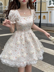 LIZAKOSHT - Square Collar Causal Lace Patchwork Women Dress All Match Floral Print Dresses Chic Fashion Elegant Vestido De Mujer