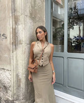 LIZAKOSHT - Women Skirt Suits Solid Turn-down Collar Sleeveless Single Breasted Vest Waistcoats + Female Skirt 2 Piece Suits Sets