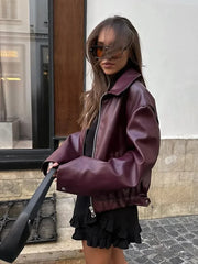 LIZAKOSHT  -  Red Lapel Leather Cropped Jackets Women Zipper Long Sleeve Coat 2025 New Fashion Retro Autumn Vacation High Street Outerwears