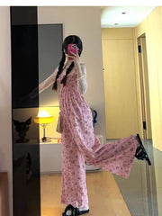 LIZAKOSHT - Braces Trousers Dopamine Pink Floral Fashion Women'S 2024 New Oversize Wide-Leg Casual Floor Mopping Pants Summer