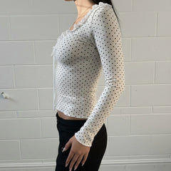 LIZAKOSHT - Women Y2K Lace Patchwork Polka Dot Long Sleeve Tee Hollow Out Tie Front Ruffled Slim Top Casual Streetwear Fashion Tee