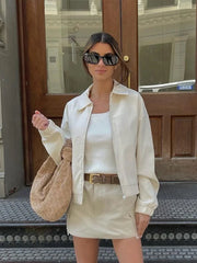 LIZAKOSHT - Women's White Jacket Zipper Waterproof Outerwears Lapel Motorcycle Casual Coat Elastic Long Sleeved Autumn Women's Clothing