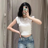 LIZAKOSHT - Y2K Woman 2025 Shirts Tops Ruffles Sleeve Cropped T-Shirts Summer Knitted Y2K Top Fashion Tight New Ladies Tops And Blouses