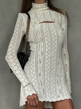 LIZAKOSHT - White Mini Dresses Women Sexy Hollow Out Turtleneck Knitted Dress Female Elegant Fashion High Street Bodycon Party Club Vestidos