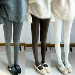LIZAKOSHT - Japanese Winter Vertical Bar Warm Pantyhose Oat Color Skinny Full Foot Thickened Base Socks Candy Color Foundation Plush Tights