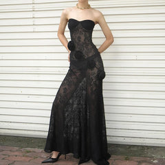 LIZAKOSHT - Summer Lace Strapless 3D Flowers Appliques Long Sleeveless Prom Club Dress See Through Sexy Solid Sheath Dress Vestidos