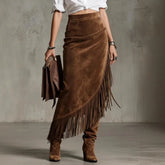 LIZAKOSHT - New European American Women's Retro Western Fringed Hemline Irregular Suede Skirt Skirt Fashionable Personalized Women Clothing