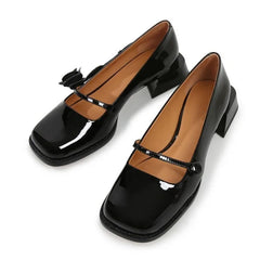 LIZAKOSHT - rose flower patent leather shoes woman brand designer sqaure toe pumps female thick heel button strap mary janes talons hauts
