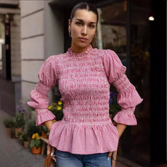 LIZAKOSHT  -  Plaid Pleated Long Sved Flared Slim Fit Women's irt Polyester Fabric round Ne Long Sve European Sle Spring