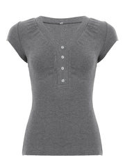 LIZAKOSHT - Casual Grey V-neck Crop Top Women Basic Skinny Short Sleeve Knitted T-shirts for Summer y2k Vintage Harajuku Tees Retro