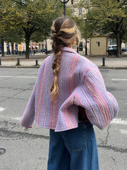 LIZAKOSHT - Chic Colorful Striped Lapel Collar Jacket Women Full Sleeve Zipper Patch Pockets Coat 2025 Autumn Female Chic Casual Outerwear