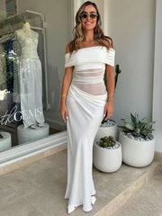 LIZAKOSHT  -  Elegant Sexy Long Dress Women Off Shoulder Hollow Out Sleeveless Patchwork Mesh Robe Female 2025 Spring Summer Chic Solid Robe