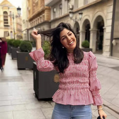 LIZAKOSHT  -  Plaid Pleated Long Sved Flared Slim Fit Women's irt Polyester Fabric round Ne Long Sve European Sle Spring