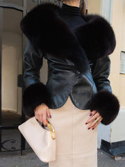 LIZAKOSHT  -  Women's Black PU Leather Jacket Large Faux Fur Collar Cuff Full Sleeve Lace Up Waist Cinching Coat 2025 Autumn Female Streetwear