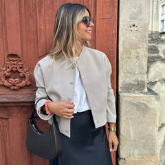 LIZAKOSHT - Woman Bomber Jacket White Autumn Winter Cropped Jackets for Women Long Sleeve with Buttons Lady Vintage Outwear