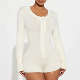 LIZAKOSHT  -  Casual Sexy Knit Button up Long Sleeve Solid Color High Waisted Slim Fit Women Playsuit Basic Style Fashion Jumpsuit Shorts