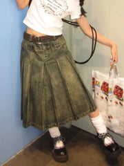 LIZAKOSHT - Women 2000s Harajuku Fashion Jean Midi Skirt Denim Pleated A-line Skirts Dark Academia Y2k Preppy Japanese Grunge Gyaru New