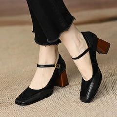 LIZAKOSHT - New Fashion French Style Women's Shoes Square Toe Chunky Heel Thick Sole Buckle Slip-On Pumps Vintage Sandals for Ladies
