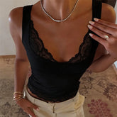 LIZAKOSHT - Solid Lace Tank Tops Women Sexy V-neck Backless Streetwear Spaghetti Patchwork Cropped Y2k Top New Women Chic Lace Vest