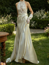 LIZAKOSHT - Sexy Halter Lace Sleeveless Ruched Floor Length A-Line Bride Wedding Dresses Bridal Gowns Customized