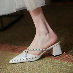 LIZAKOSHT - Leather High Heeled Slippers,Fashion Summer Rivets Shoes Slides,Close Pointed Toe,Outside Wear,Black,Beige,Dropship