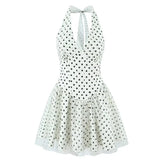 LIZAKOSHT - Sexy Polka Dot Print Spliced Mesh Bow Halter Dress Women Backless Slim Low Waist Swing Ball Gown Short Sling Dresses Vestidos