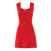 LIZAKOSHT - CHIC Wave O neck Rib Knitted Mini Sleeveless Dress Women Slim Waist Spliced Ruffles A-line Hem Knitting Dresses Short Sun Robe