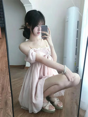 LIZAKOSHT - Sweet Lolita Kawaii Mini Dress Women Bowknot Off Shoulder Ruffle Lace Trim Loose Fit Princess Daily Kawaii Japanese Fashion