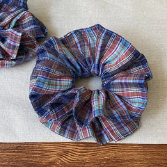 LIZAKOSHT - 1PC Navy Blue Plaid Double-Layer Large Intestine Hair Scrunchie for Women - Elegant Hair Tie for Buns, Side Low Ponytails