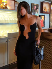 LIZAKOSHT  -  Women Sexy Black Hollow Out Sling Dress Fashion Sleeveless Wave V-neck Bodycon Maxi Dresses Summer Lady Beach Holiday Robes