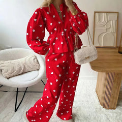 LIZAKOSHT - Womens Pajama Sets Cute Heart Print Long Sleeve Button Down Shirt With Long Pants 2 Piece Holiday Loungewear