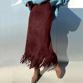 LIZAKOSHT - Fashion Ladies Leisure Style Solid Color High Waisted Suede Vintage Tassel Midi Chic Skirts Elegant Streetwear Bottoms