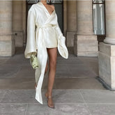 LIZAKOSHT - Spring Sexy Loose Strap Long Sleeve Dress Fashion Satin Dress Skirt Short Skirt Women's Clothing