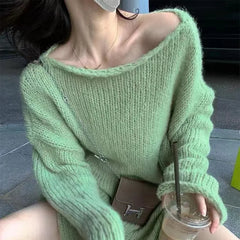 LIZAKOSHT  -  Fall Winter New French Lazy Style Rolled Edge Thick Needle Pullover Sweater Design Loose Knit Sweater Tops Female Jumpers